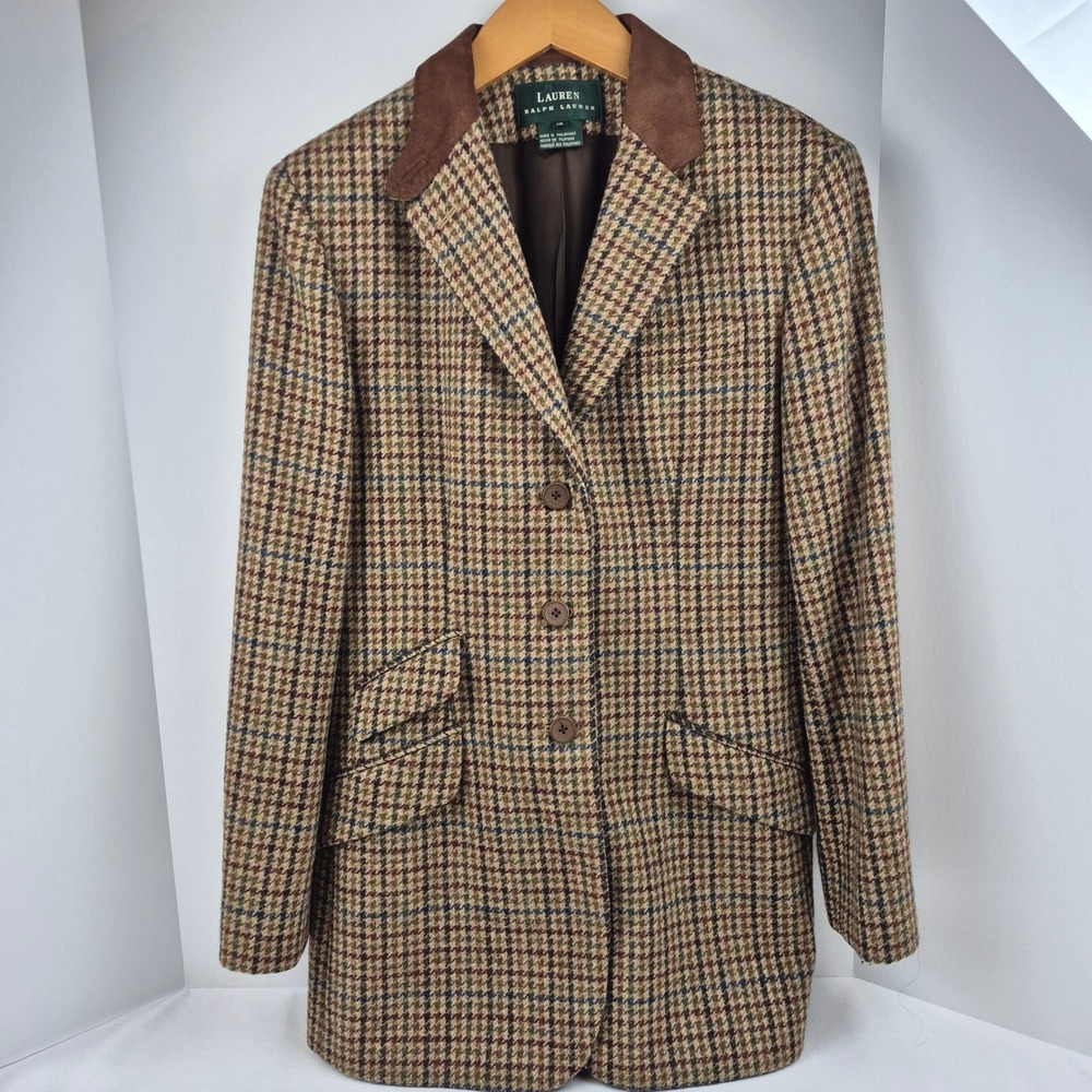 Vtg Y2K Lauren Ralph Lauren Wool Blazer Brown Houndstooth Equestrian Old Money